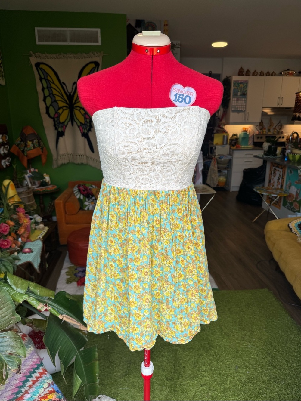 Deb Strapless Lace Bodice Yellow and White Floral Mini Dress